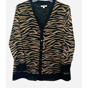 CHICO’S LONG SLV BUTTON-UP V-NECK BLOUSE, US XL(CHICO'S 3), BLACK & GOLD, ANIMAL